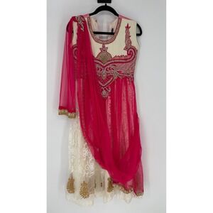 INDIAN STYLE EMBROIDERED PARTY DRESS FLAWED BROKEN ZIPPER SZ 34 SMALL PINK IVORY